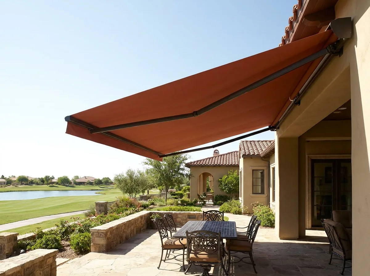 A folding-arm retractable awning extended over a paved entertainment patio of a Tuscan-style Silver Lakes home, shading outdoor furniture, with a golf fairway and lake beyond the garden