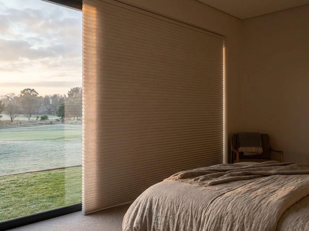A cellular honeycomb blind lowered as a smooth flat panel over a bedroom window in a Silver Lakes home on a frosty Highveld winter morning, soft dawn light glowing at the edges