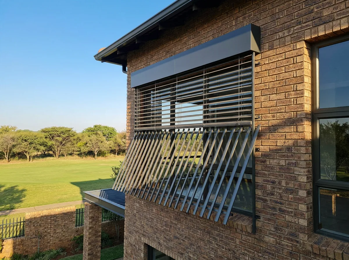 External aluminium venetian shading mounted on the outside of a west-facing window of a face-brick Silver Lakes home, thin metal slats tilted to intercept the low afternoon sun before it reaches the glass