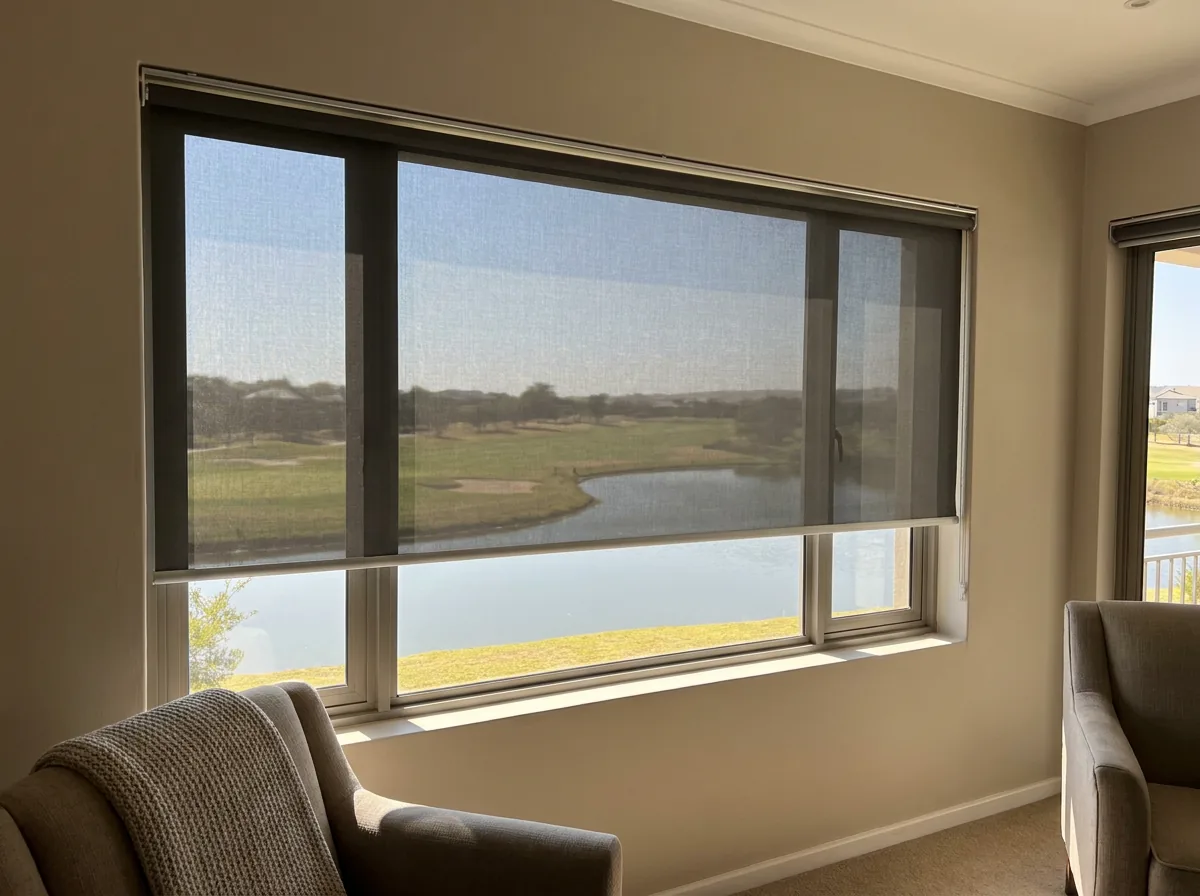 A smooth flat sunscreen mesh roller blind half-lowered over a large picture window in a Silver Lakes home, the golf fairway and lake still visible through the open-weave fabric